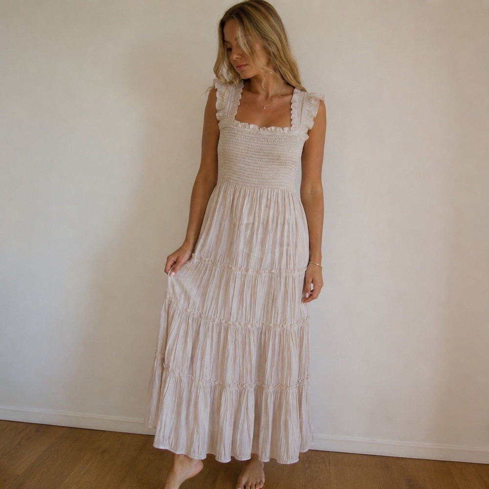 Kourt Womens Dress Large Champagne Smocked Tiered Ruffle Shimmer Cottagecore - Picture 1 of 9